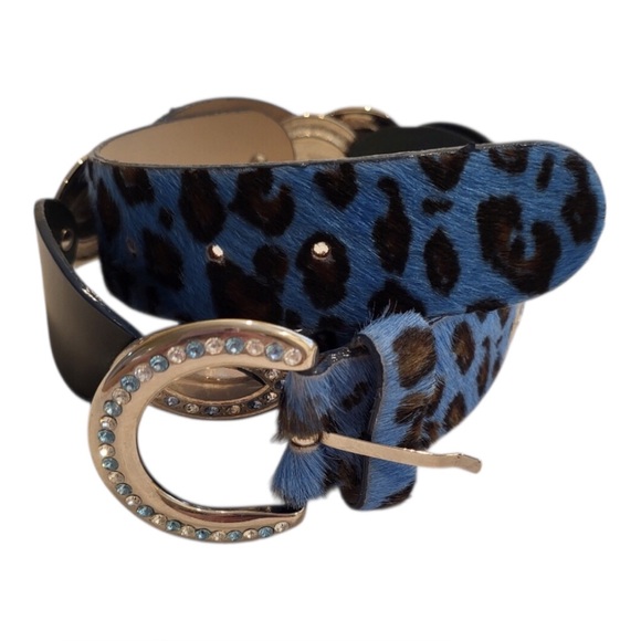 Brambilla Milano Belt Blue Animal Print Calf Hair Belt, made in Italy - Picture 1 of 10